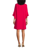 Caroline Rose Julia Matte Crepe 3/4 Ruffle Sleeve Shift Round Neck Shift Dress