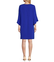 Caroline Rose Julia Matte Crepe 3/4 Ruffle Sleeve Shift Round Neck Shift Dress