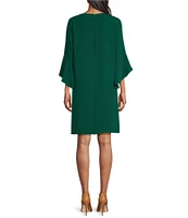 Caroline Rose Julia Matte Crepe 3/4 Ruffle Sleeve Shift Round Neck Shift Dress