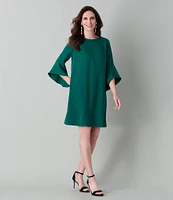 Caroline Rose Julia Matte Crepe 3/4 Ruffle Sleeve Shift Round Neck Shift Dress