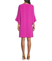 Caroline Rose Julia Matte Crepe 3/4 Ruffle Sleeve Shift Round Neck Shift Dress