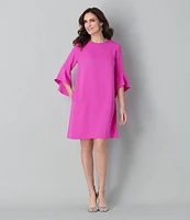 Caroline Rose Julia Matte Crepe 3/4 Ruffle Sleeve Shift Round Neck Shift Dress