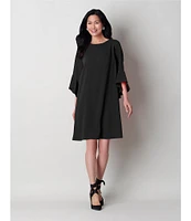 Caroline Rose Julia Matte Crepe 3/4 Ruffle Sleeve Shift Round Neck Shift Dress