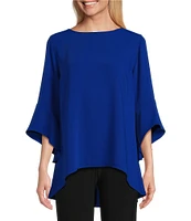 Caroline Rose Julia Matte Crepe Crew Neck 3/4 Ruffled Sleeve High-Low Hem Top