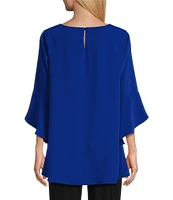 Caroline Rose Julia Matte Crepe Crew Neck 3/4 Ruffled Sleeve High-Low Hem Top