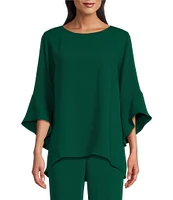 Caroline Rose Julia Matte Crepe Crew Neck 3/4 Ruffled Sleeve High-Low Hem Top