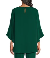 Caroline Rose Julia Matte Crepe Crew Neck 3/4 Ruffled Sleeve High-Low Hem Top