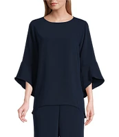 Caroline Rose Julia Matte Crepe Crew Neck 3/4 Ruffled Sleeve High-Low Hem Top