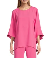 Caroline Rose Julia Matte Crepe Crew Neck 3/4 Ruffled Sleeve High-Low Hem Top