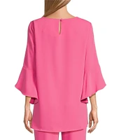 Caroline Rose Julia Matte Crepe Crew Neck 3/4 Ruffled Sleeve High-Low Hem Top