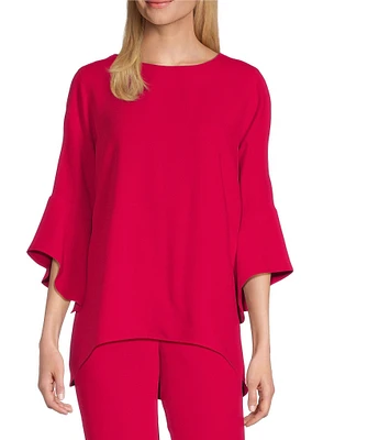 Caroline Rose Julia Matte Crepe Crew Neck 3/4 Ruffled Sleeve High-Low Hem Top