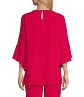 Caroline Rose Julia Matte Crepe Crew Neck 3/4 Ruffled Sleeve High-Low Hem Top