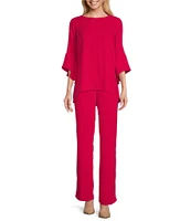 Caroline Rose Julia Matte Crepe Crew Neck 3/4 Ruffled Sleeve High-Low Hem Top