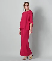 Caroline Rose Julia Matte Crepe Crew Neck 3/4 Ruffled Sleeve High-Low Hem Top