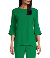 Caroline Rose Julia Matte Crepe Crew Neck 3/4 Ruffled Sleeve High-Low Hem Top