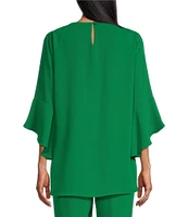 Caroline Rose Julia Matte Crepe Crew Neck 3/4 Ruffled Sleeve High-Low Hem Top