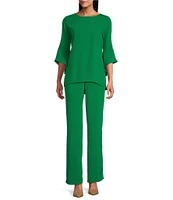 Caroline Rose Julia Matte Crepe Crew Neck 3/4 Ruffled Sleeve High-Low Hem Top