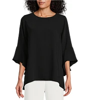 Caroline Rose Julia Matte Crepe Crew Neck 3/4 Ruffled Sleeve High-Low Hem Top