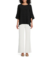 Caroline Rose Julia Matte Crepe Crew Neck 3/4 Ruffled Sleeve High-Low Hem Top