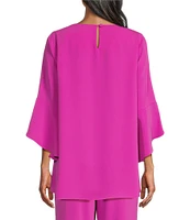 Caroline Rose Julia Matte Crepe Crew Neck 3/4 Ruffled Sleeve High-Low Hem Top