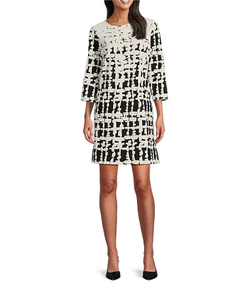 Caroline Rose Knit Contrasting Views Print Scoop Neck 3/4 Sleeve Easy Dress