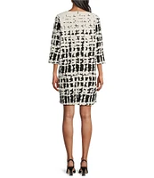 Caroline Rose Knit Contrasting Views Print Scoop Neck 3/4 Sleeve Easy Dress