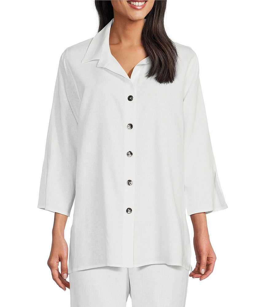 Caroline Rose Linen-Blend Point Collar 3/4 Sleeve Button-Front Breezy Shirt