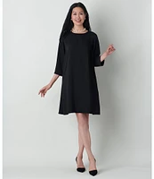 Caroline Rose Matte Crepe Crew Neck 3/4 Sleeve Pocketed Shift Dress