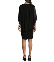 Caroline Rose Matte Crepe Scoop Neck Sheer Georgette Sleeve Capelet Dress