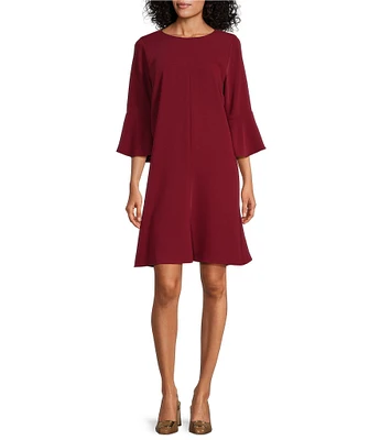 Caroline Rose Matte Crepe Valentina Scoop Neck 3/4 Bell Sleeve A-Line Dress