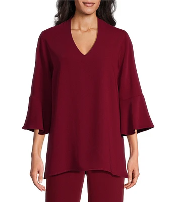 Caroline Rose Matte Crepe Valentina V-Neck 3/4 Bell Sleeve Top