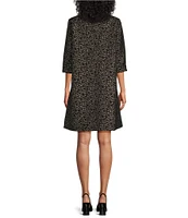 Caroline Rose Metallic Jacquard Jackie Crackle Pattern Mock Neck 3/4 Sleeve Pocketed A-Line Dress