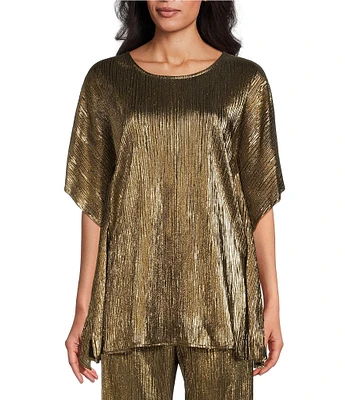 Caroline Rose Metallic Plisse Scoop Neck Elbow Sleeve Coordinating Caftan Top