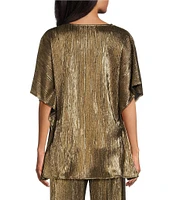 Caroline Rose Metallic Plisse Scoop Neck Elbow Sleeve Coordinating Caftan Top