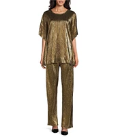 Caroline Rose Metallic Plisse Scoop Neck Elbow Sleeve Coordinating Caftan Top