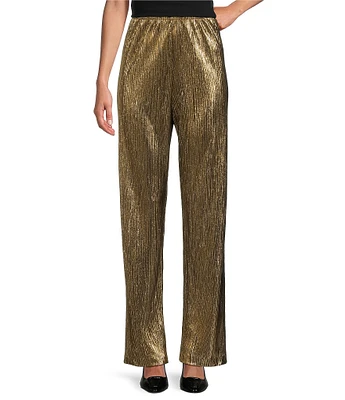 Caroline Rose Metallic Plisse Straight-Leg Pull-On Coordinating Pants