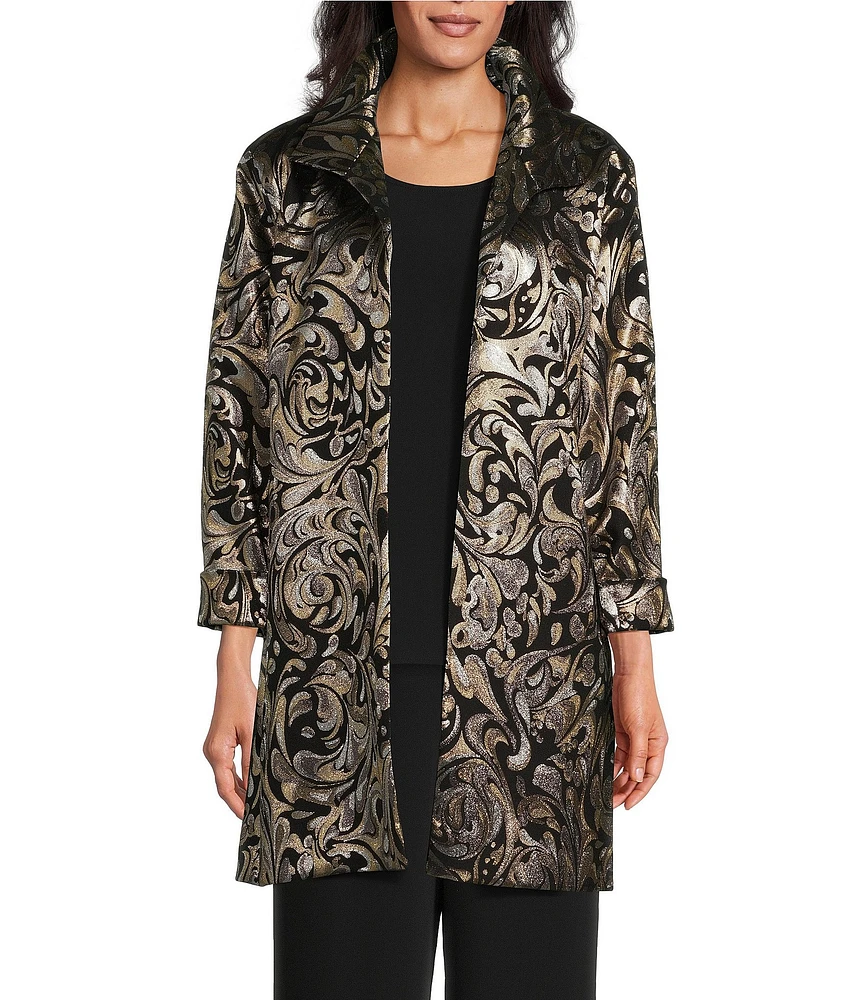 Caroline Rose Midnight Magic Jacquard Metallic Scroll Print Spread Collar Cuffed Bracelet Length Sleeve Statement Jacket