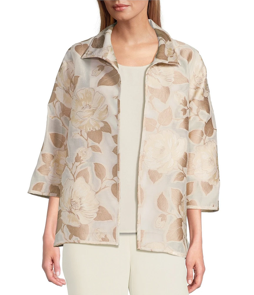 Caroline Rose Natural Beauty Floral Jacquard Fold-Back Stand Collar Bracelet Sleeve Open-Front Jacket