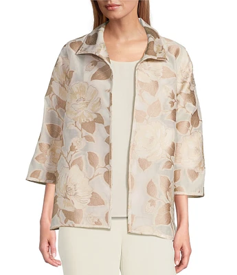 Caroline Rose Natural Beauty Floral Jacquard Fold-Back Stand Collar Bracelet Sleeve Open-Front Jacket