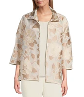 Caroline Rose Natural Beauty Floral Jacquard Fold-Back Stand Collar Bracelet Sleeve Open-Front Jacket
