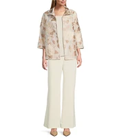 Caroline Rose Natural Beauty Floral Jacquard Fold-Back Stand Collar Bracelet Sleeve Open-Front Jacket