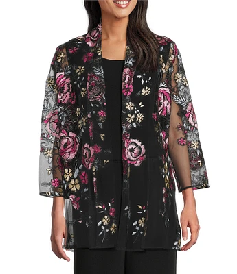 Caroline Rose Pink Rose Floral Embroidered Mesh Open-Front Swing Cardigan
