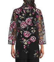 Caroline Rose Pink Rose Floral Embroidered Mesh Open-Front Swing Cardigan