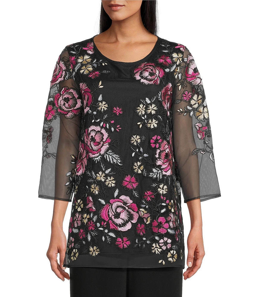 Caroline Rose Pink Rose Floral Embroidered Mesh Scoop Neck 3/4 Sleeve Tunic