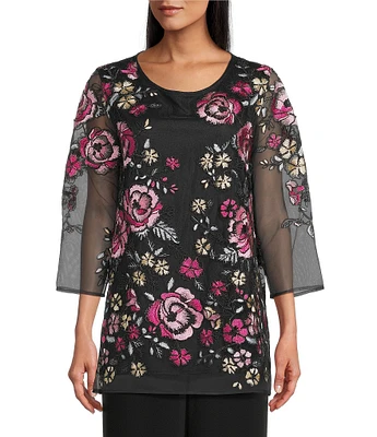 Caroline Rose Pink Rose Floral Embroidered Mesh Scoop Neck 3/4 Sleeve Tunic