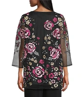 Caroline Rose Pink Rose Floral Embroidered Mesh Scoop Neck 3/4 Sleeve Tunic
