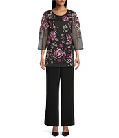 Caroline Rose Pink Rose Floral Embroidered Mesh Scoop Neck 3/4 Sleeve Tunic