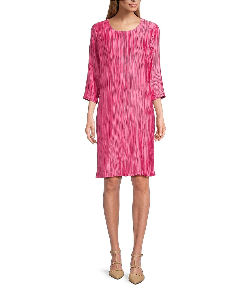 Caroline Rose Plisse Knit Scoop Neck 3/4 Sleeve A-Line Dress