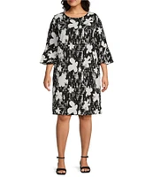 Caroline Rose Plus Bella Dancing Floral Knit Scoop Neck 3/4 Bell Sleeve Dress