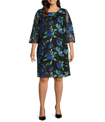 Caroline Rose Plus Bella Embroidered Blooms Mesh Knit Scoop Neck 3/4 Bell Sleeve A-Line Dress